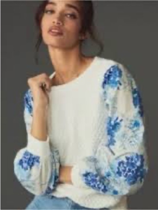 Porridge Sweaters - Porridge White Textured Sweatshirt with Blue Floral Balloon Sleeves Size S